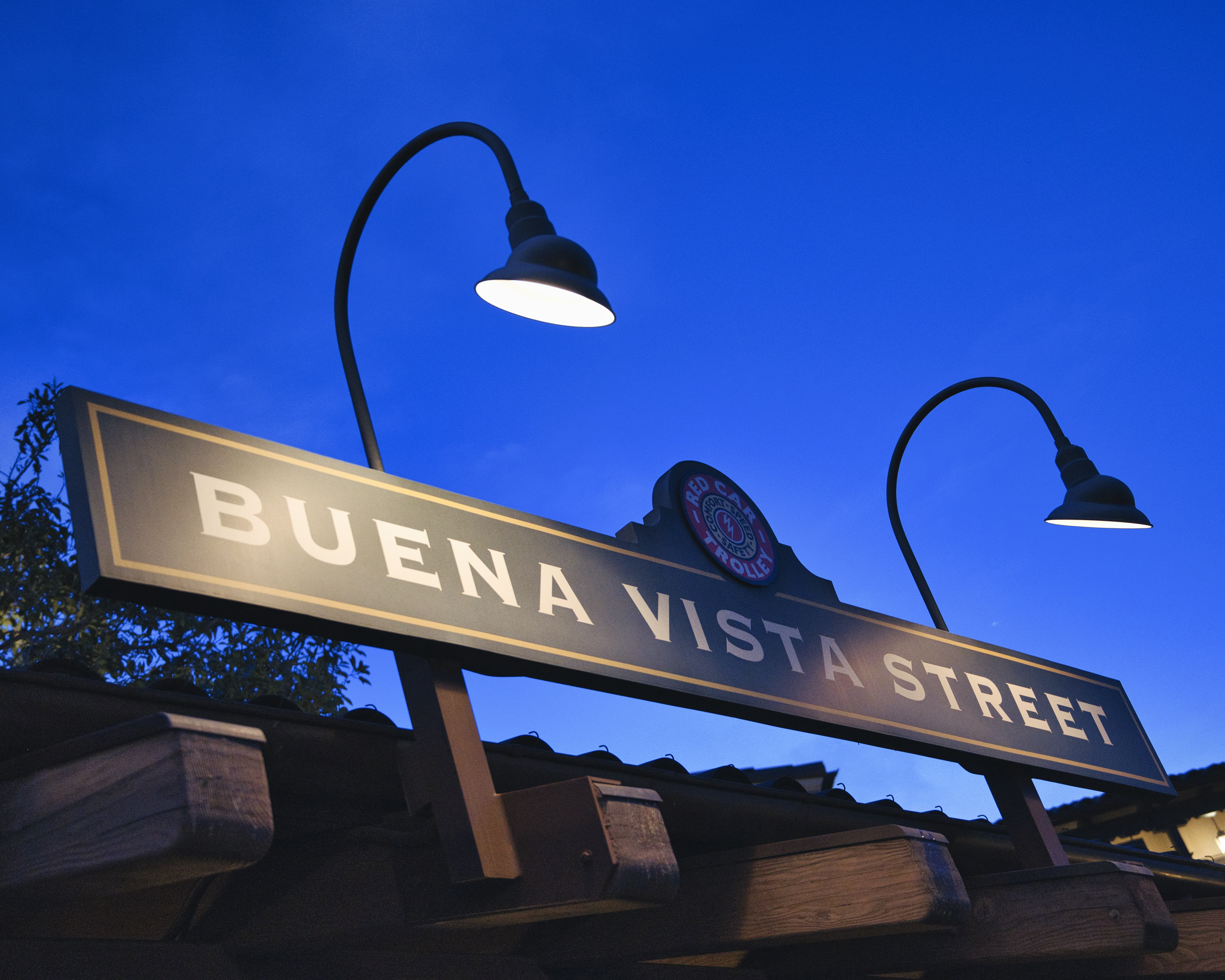 Buena Vista Street sign at night.